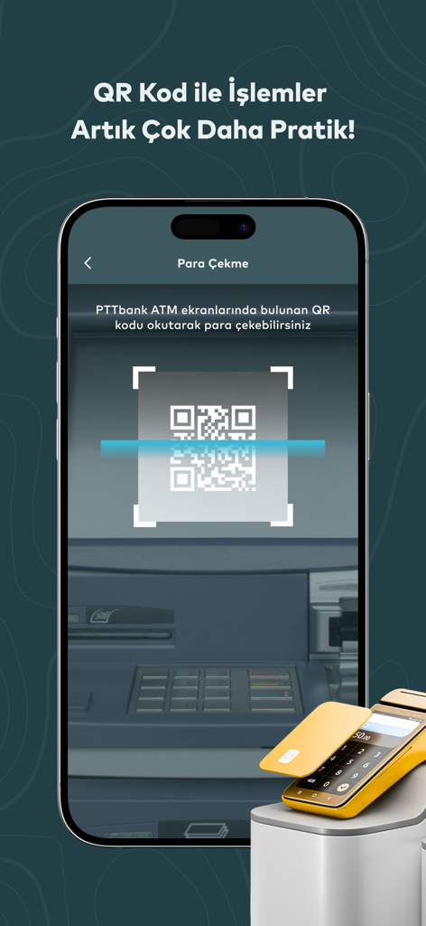 A smartphone screen scanning a QR code on an ATM for cardless cash withdrawal using the PTTBank mobile app