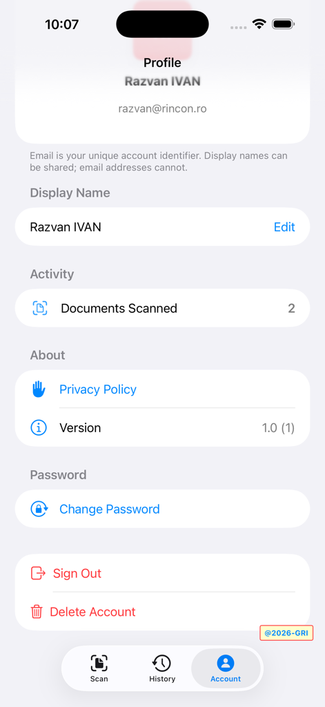 DocuSCAN 2026 - User account profile and settings page in the DocuSCAN 2026 mobile app