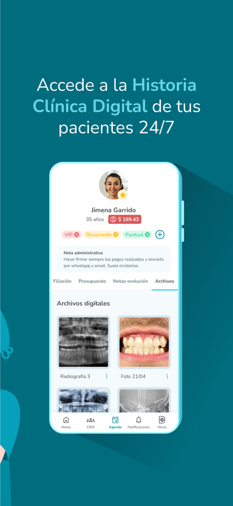 患者のデジタル診療記録、歯科レントゲン、管理メモを表示するDoctocliqアプリのインターフェース