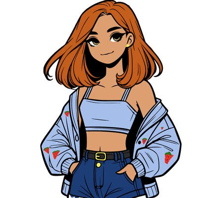 a realistic girl with a crop top and short shorts in an open jacket