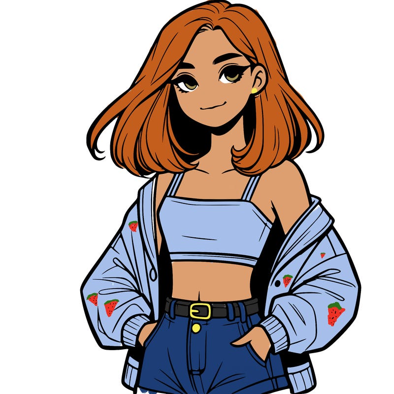 a realistic girl with a crop top and short shorts in an open jacket