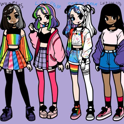 one girl with crop-top shirt and a jacket with a skirt, long socks and another girl with a shirt and pants with a jacket