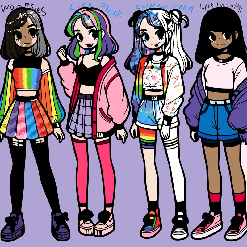 one girl with crop-top shirt and a jacket with a skirt, long socks and another girl with a shirt and pants with a jacket