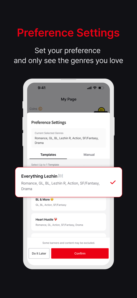 Lezhin Comics-Premium Webtoons - Lezhin Comics app preference settings screen showing genre selection templates.