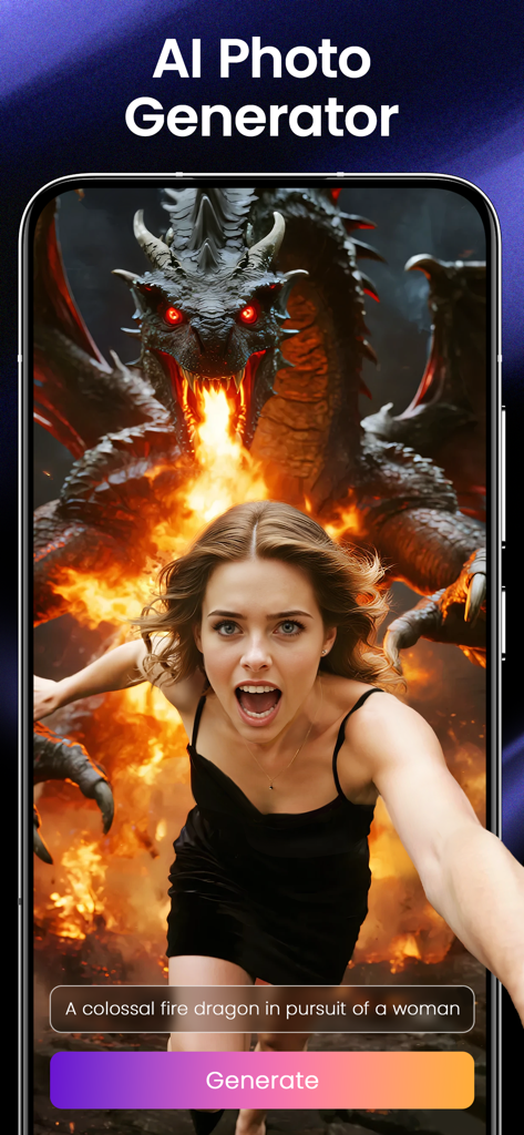 SeaArt: AI Photo & Video Maker - Gerador de fotos SeaArt AI mostrando uma imagem de uma mulher fugindo de um dragão de fogo criada a partir de um prompt de texto