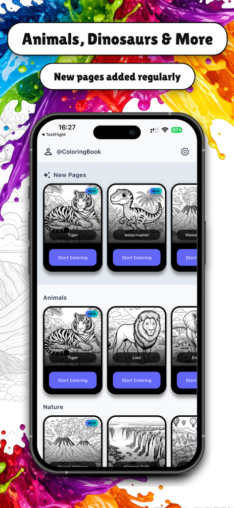 Coloring Book: Paint & Art - Pantalla del iPhone de la aplicación Libro de Colorear mostrando categorías de coloreado que incluyen animales, dinosaurios y naturaleza