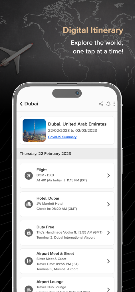 Travel VIP - Travel VIP mobile app displaying a digital itinerary for Dubai with flight, hotel, and airport lounge details.