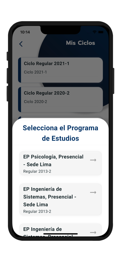 UPeU Lamb - UPeU Lamb student portal screen for selecting study programs and academic terms