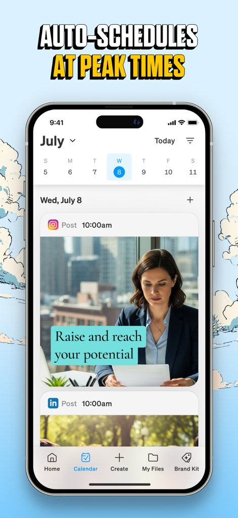 Blaze AI - Une interface mobile de l'application Blaze AI affichant un calendrier de contenu de médias sociaux avec des publications automatiquement planifiées pour Instagram et LinkedIn.