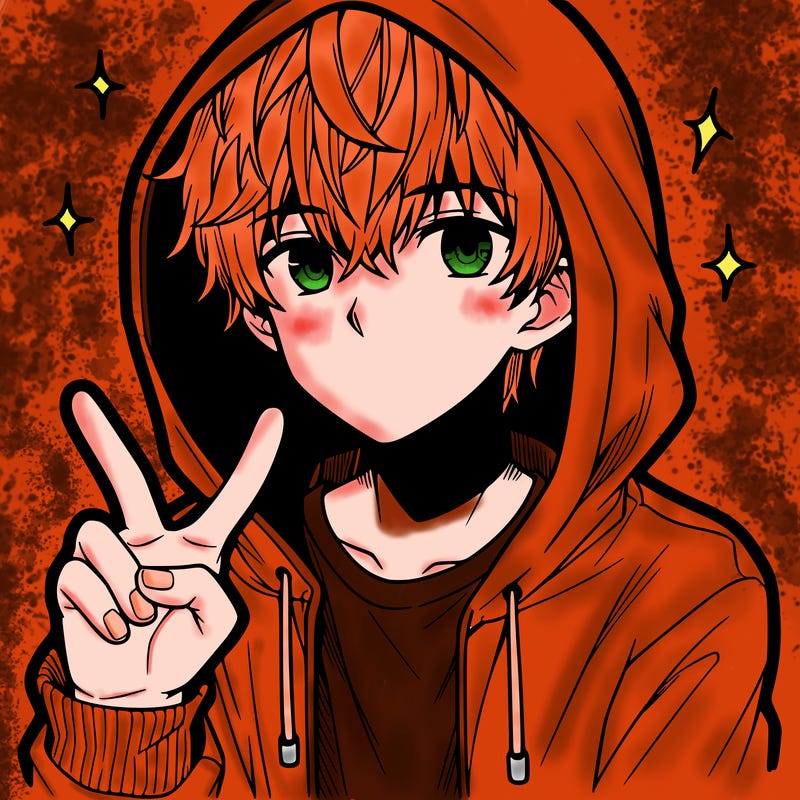 teenage manga boy in a hoodie, doing ✌