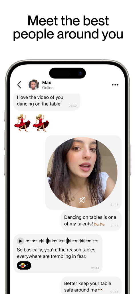Interface of Hoppy Dating Invite Only app featuring a message conversation between two users with video and voice messages