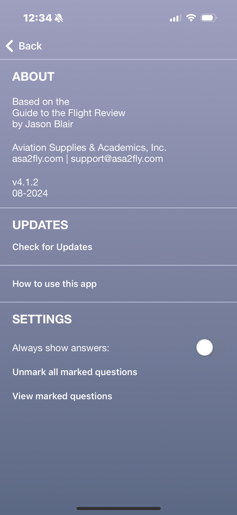 Schermata delle impostazioni e informazioni dell'app mobile Flight Review Checkride