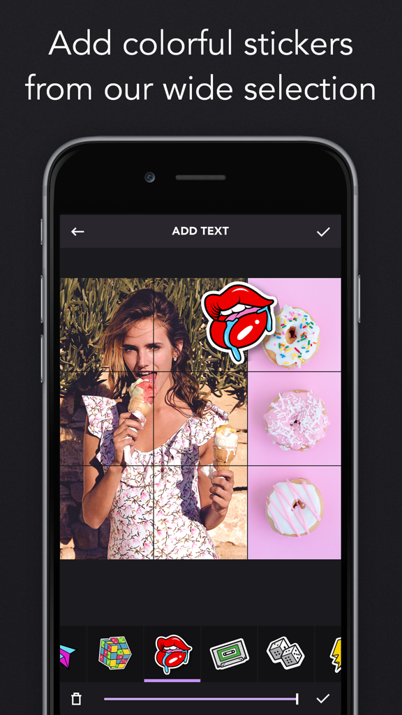 Grids – Giant Square Layout - A screenshot of the Grids app showing a user adding a colorful sticker of lips to a photo grid layout.