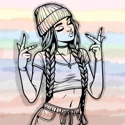 realistic teenage girl with braids and a beanie and crop top doing 🫶🏼