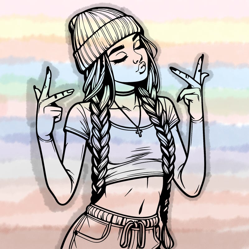 realistic teenage girl with braids and a beanie and crop top doing 🫶🏼