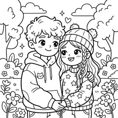 Celebrate connection and cuteness with this charming Kawaii couple coloring page. It features two adorable individuals sharing a tender moment, perfect for expressing love and friendship through art.