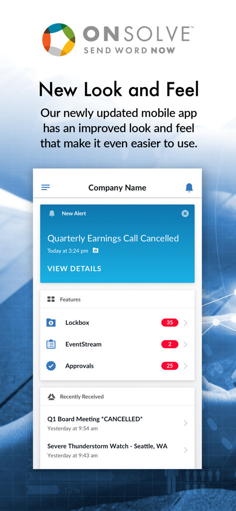 Dashboard of OnSolve Send Word Now mobile app showing a critical alert about a cancelled earnings call and access to features like Lockbox and Approvals.