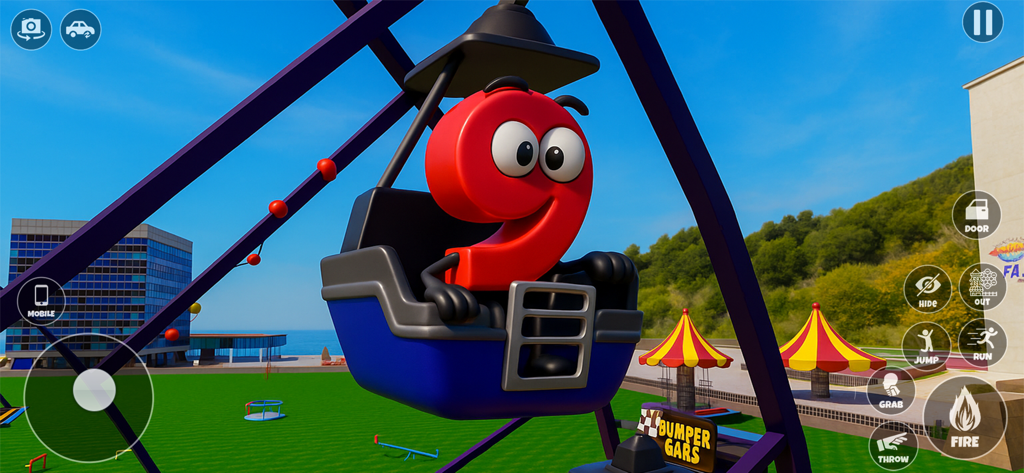 Un personnage cartoon numérique rouge neuf assis dans une nacelle de grande roue dans un parc d'attractions