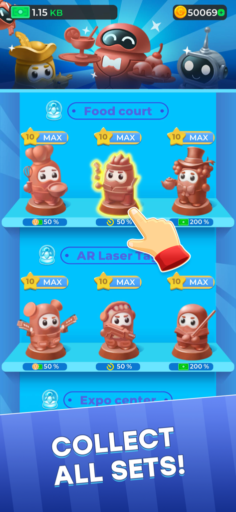 Diamond City: Idle Tycoon - UI-Bildschirm, der sammelbare Charakter-Sets für Food Court und AR Laser Tag in Diamond City anzeigt