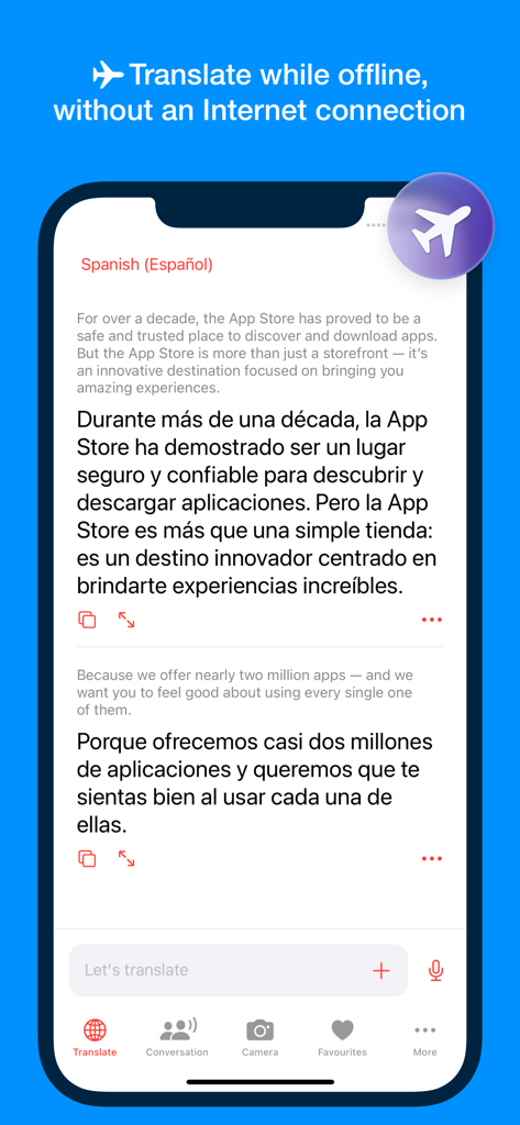 Documents Translator - Interfaz de la aplicación Traductor de Documentos mostrando la función de traducción sin conexión de inglés a español con un icono de avión