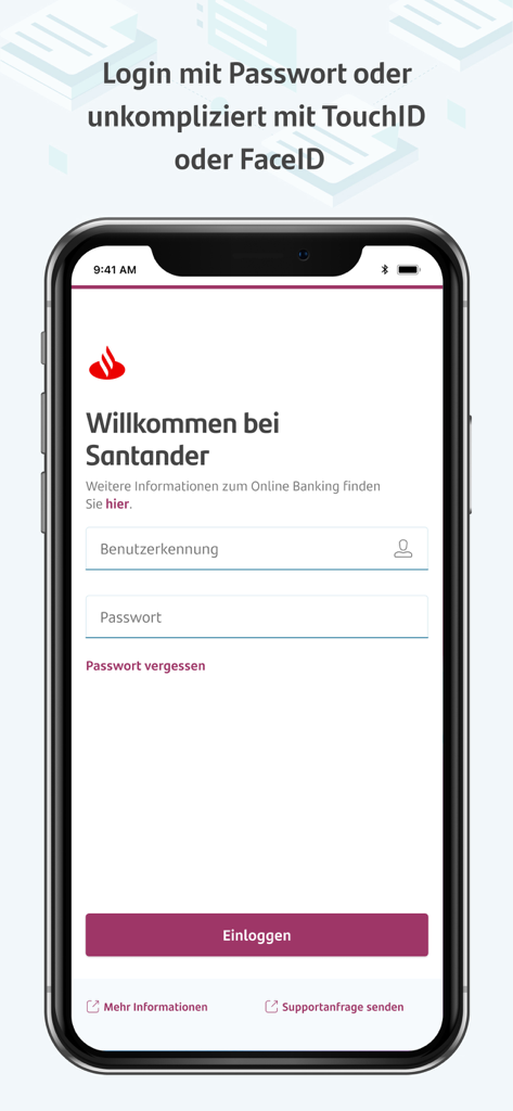 Pantalla de inicio de sesión de la aplicación móvil MySantander Banking con campos de nombre de usuario y contraseña