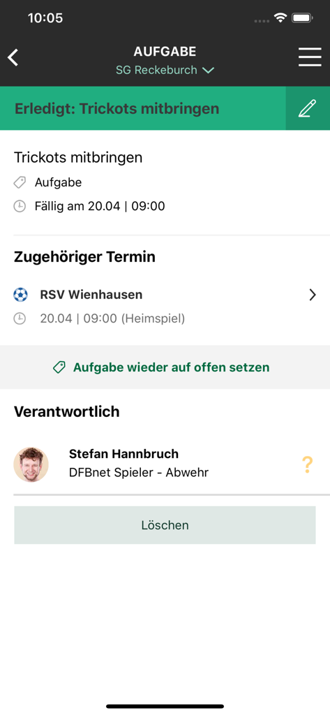 TEAMPUNKT - A screen from the Teampunkt app displaying a completed task for bringing soccer jerseys with details on the responsible person and game schedule