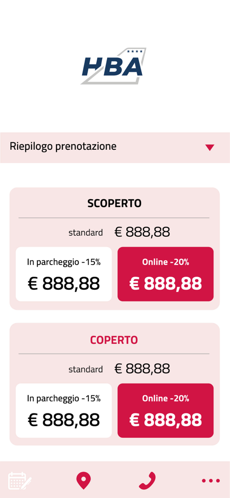 Pantalla de resumen de reserva de la aplicación Easy Parking Bologna que muestra los precios de aparcamiento cubierto y descubierto con descuentos por reserva online.