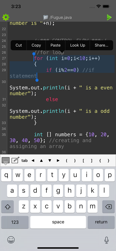Jedona - Compiler for Java - Interface of the Jedona Java compiler app showing code syntax highlighting and a custom programming keyboard.
