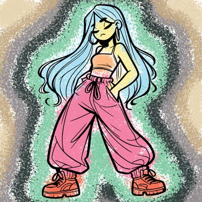 girl in baggy pants crop top and long hair