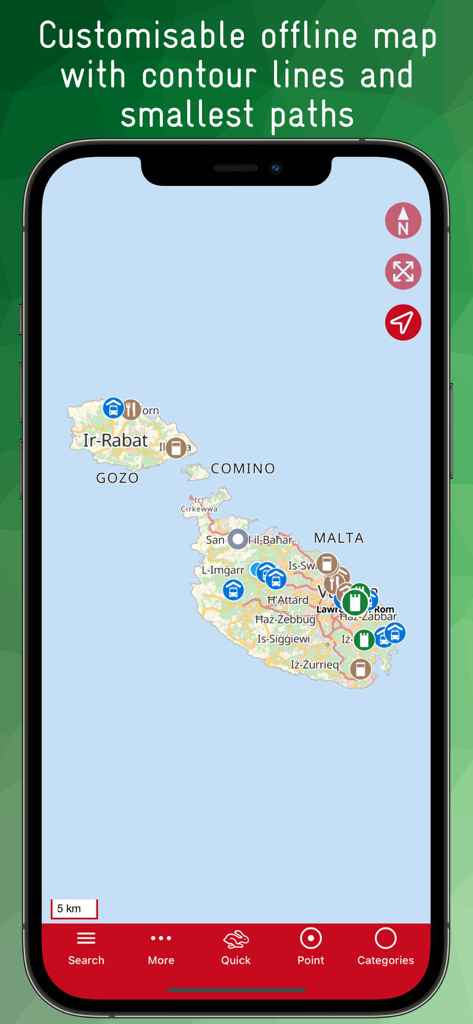 Écran d'iPhone montrant une carte hors ligne détaillée de Malte et Gozo avec divers points d'intérêt de voyage