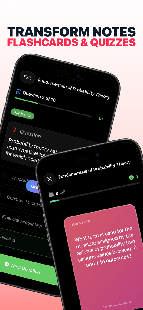 Interfaz de la aplicación móvil para generar tarjetas de memoria y cuestionarios de práctica de estadística a partir de apuntes