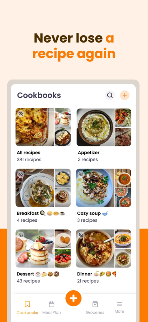 ReciMe: Recipes & Meal Planner - ReciMeモバイルアプリのインターフェース。朝食、夕食、デザートなどのカテゴリに整理されたレシピが表示されています。