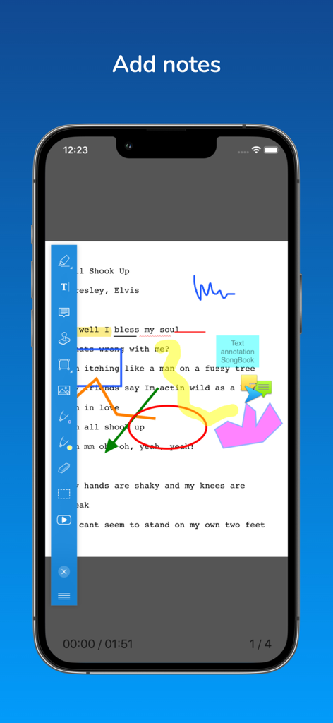SongBook+ - Pantalla de la aplicación SongBook plus mostrando letras con notas y formas digitales coloridas.