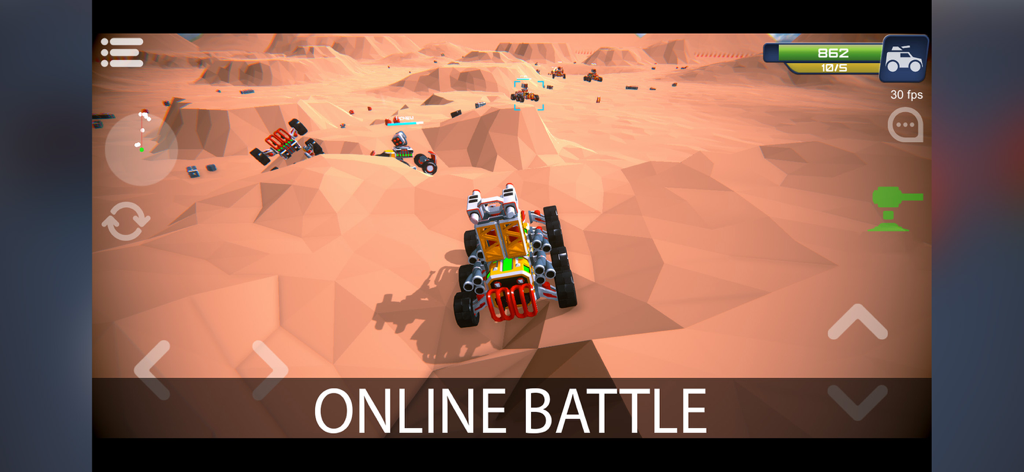A desert online battle scene in Block Tech Sandbox featuring custom built block vehicles fighting in a low poly arena.