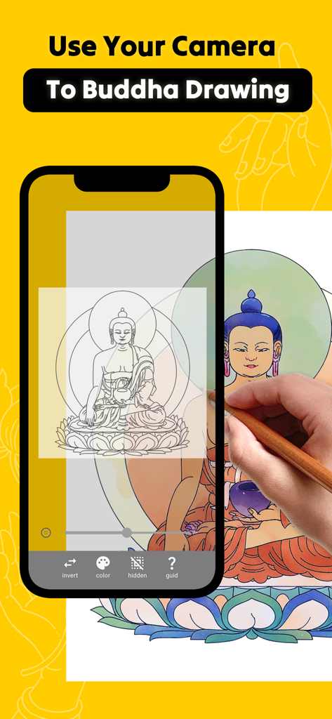 AR Buddha Drawing - Una persona usando la cámara de su smartphone y la aplicación AR Dibujo de Buda para calcar una figura budista en papel.