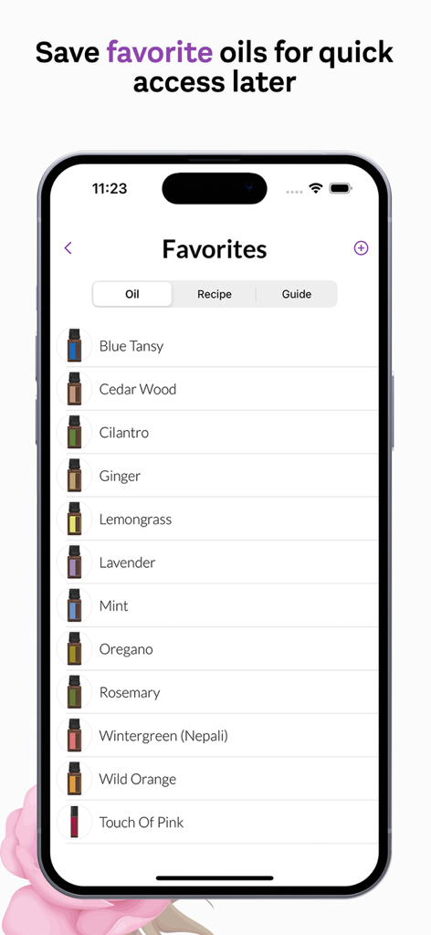 doTERRA Essential Oil Guide - Un écran de smartphone affichant la liste des favoris dans l'application Essentl, guide des huiles essentielles doTERRA, avec des huiles comme la lavande, le gingembre et le romarin.