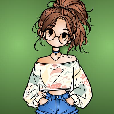 girl with a messy ponytail glasses a baggy crop top and jean shorts