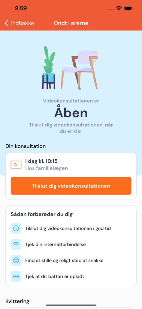 Hejdoktor.dk - Mobile interface of the Hejdoktor app displaying a scheduled video consultation with a doctor and tips for preparation