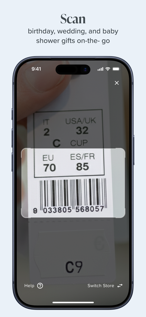 A smartphone screen showing the MyRegistry app scanning a product barcode to add gifts to a registry list.
