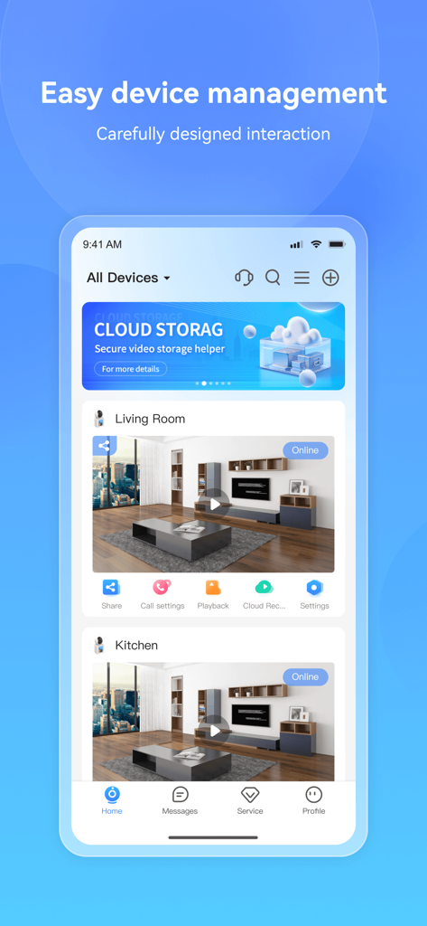 Im Cam - Smartphone screen showing the Im Cam app dashboard with live camera feeds from a living room and kitchen.