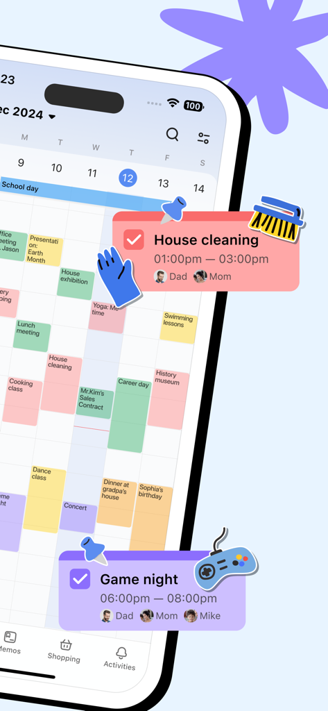 FamCal app interface showing a color coded shared family calendar with scheduled tasks and events for different family members