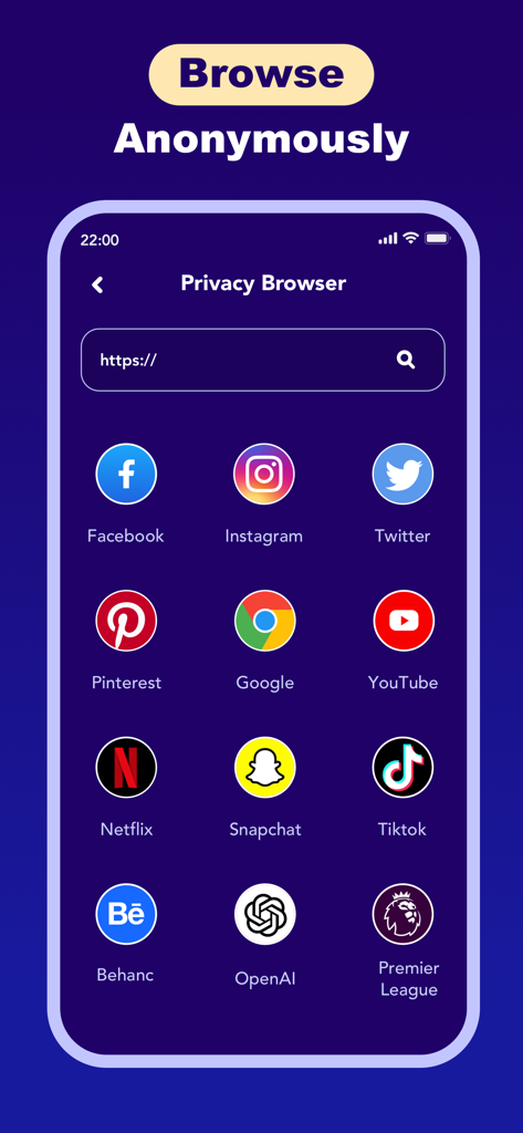 Linkup Speed - VPN Tool - A mobile interface for an anonymous privacy browser showing shortcuts to social media and streaming apps.