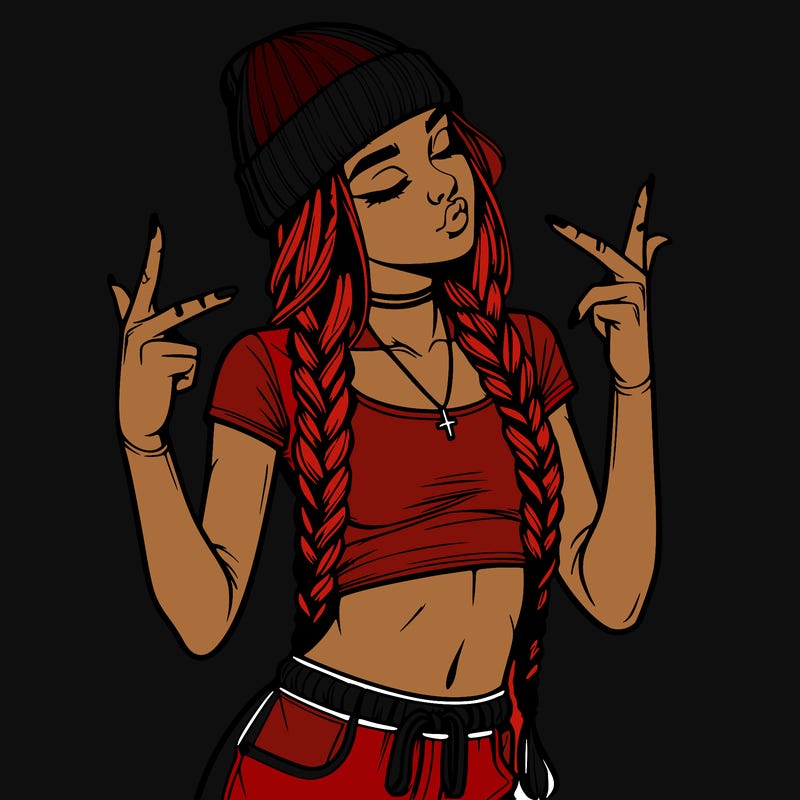 realistic teenage girl with braids and a beanie and crop top doing 🫶🏼