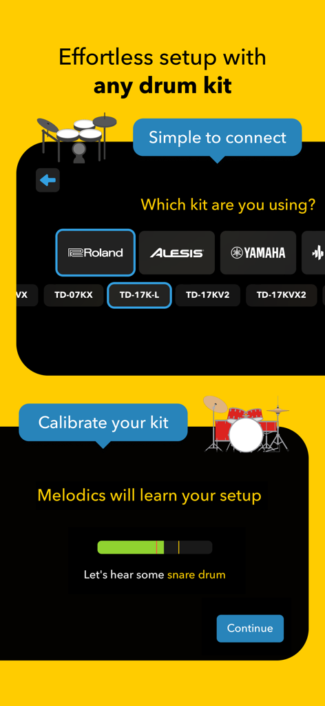 Melodics: Drum Lessons App - Interfaz para seleccionar una marca de set de batería y calibrar las baterías en la aplicación Melodics.