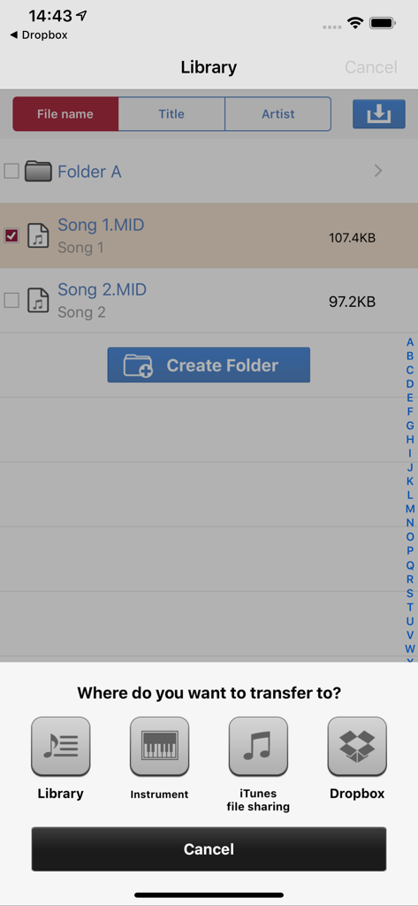 MusicSoft Manager - MusicSoft Manager library interface showing MIDI files and options to transfer data to a Yamaha instrument or Dropbox
