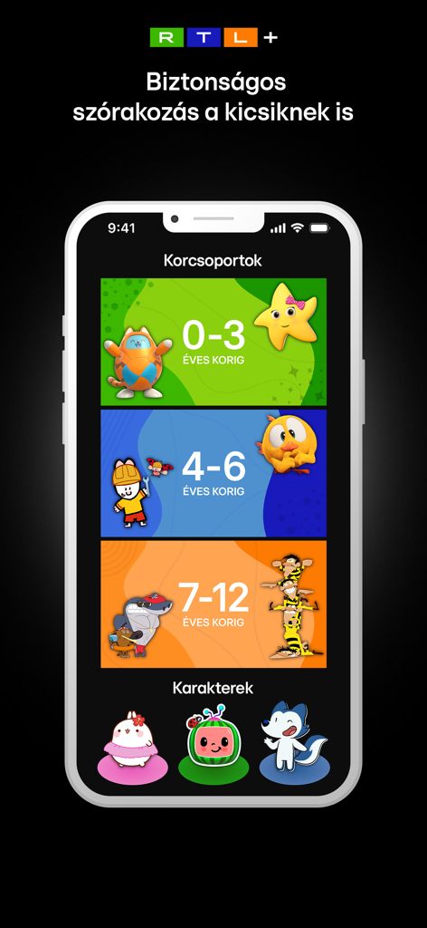 RTL+ Magyarország - Pantalla de la app móvil RTL plus mostrando secciones seguras de entretenimiento infantil divididas por grupos de edad de cero a doce años