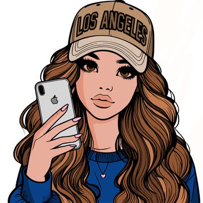 realistic beautiful girl wearing los ángeles cap holding an iphone