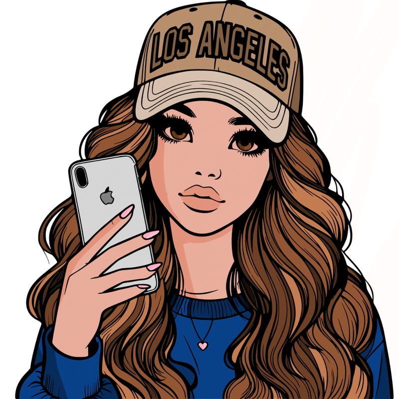 realistic beautiful girl wearing los ángeles cap holding an iphone