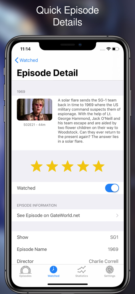 Información detallada de un episodio de Stargate SG1 en la aplicación móvil Gate Guide