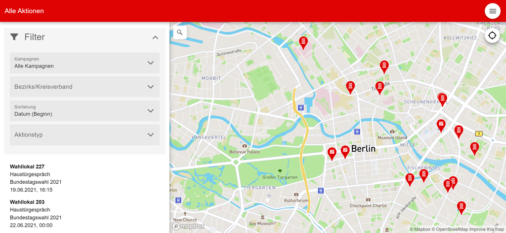 Aktivisti - A map of Berlin within the Aktivisti app showing locations of various political actions with a filter sidebar for event types.